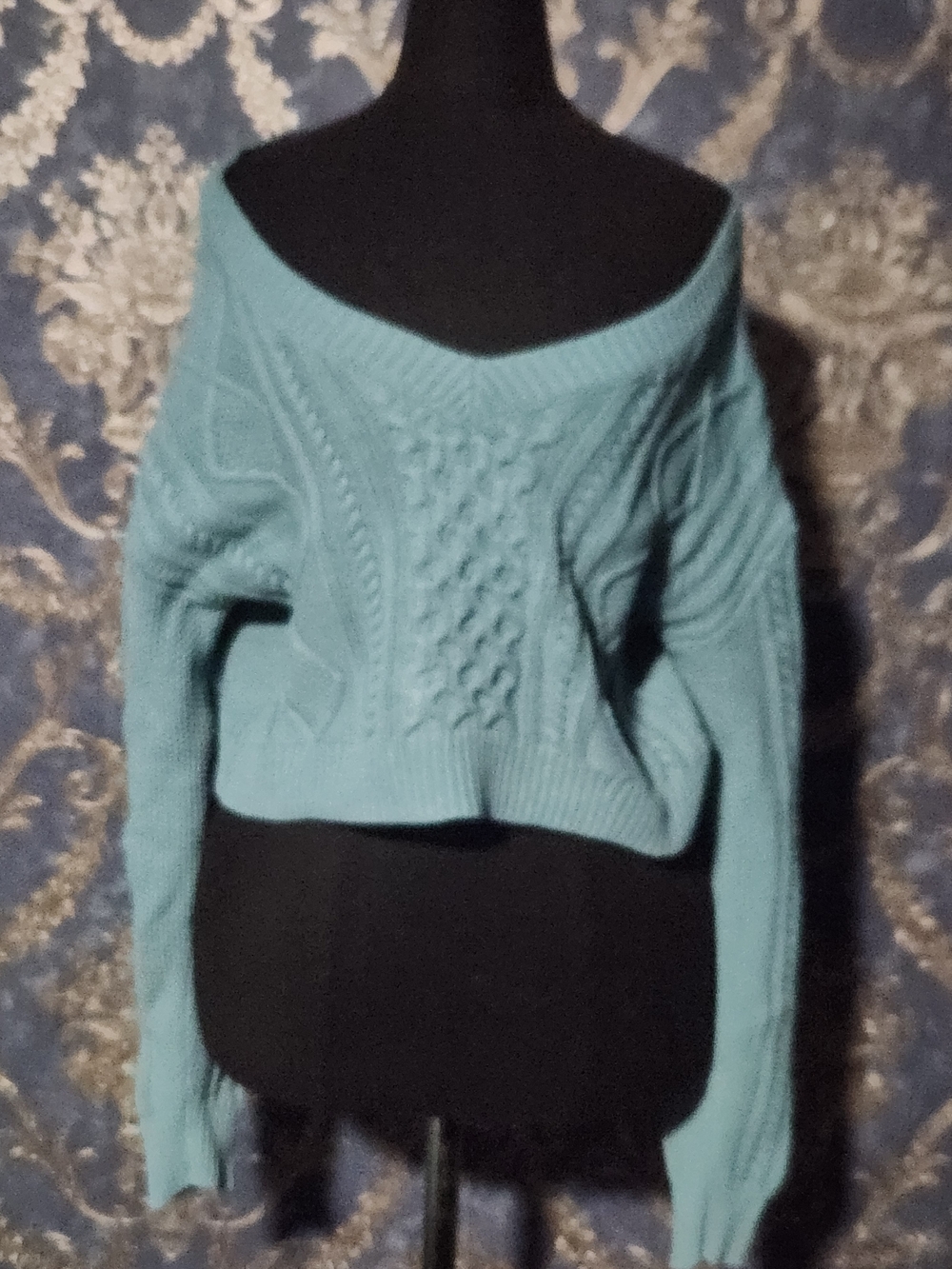 Light Blue Cable Knit Off-Shoulder Women's Sweater